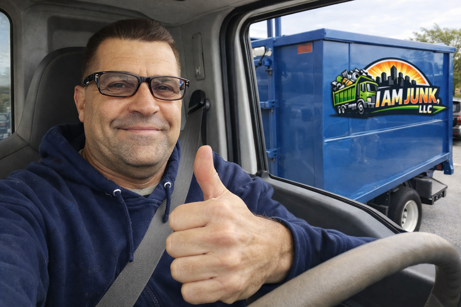 Person giving thumbs up in a junk removal truck.